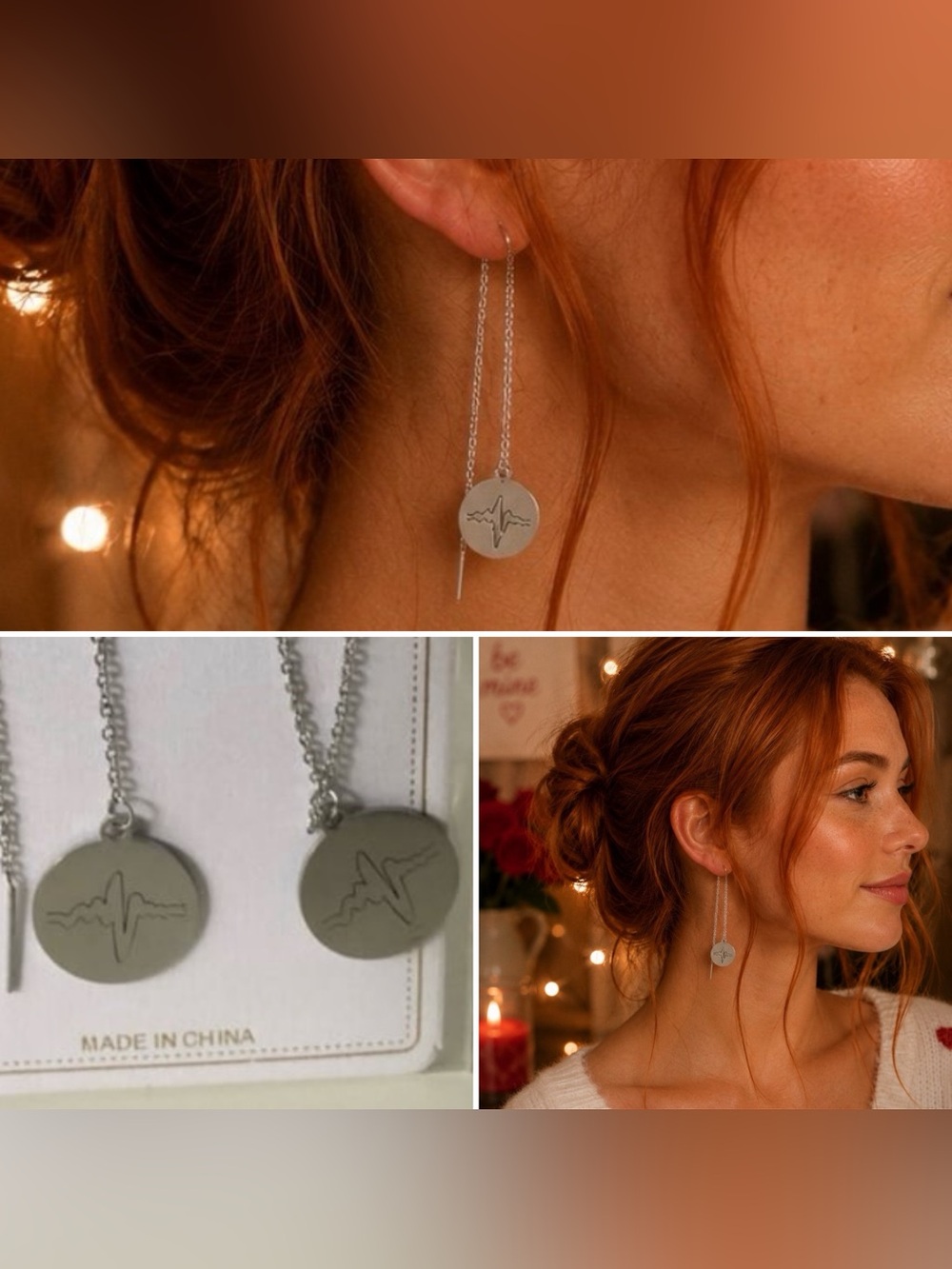 3/$15 Nursing Earrings Silver Heartbeat Disc Drop Chain Threader Earrings